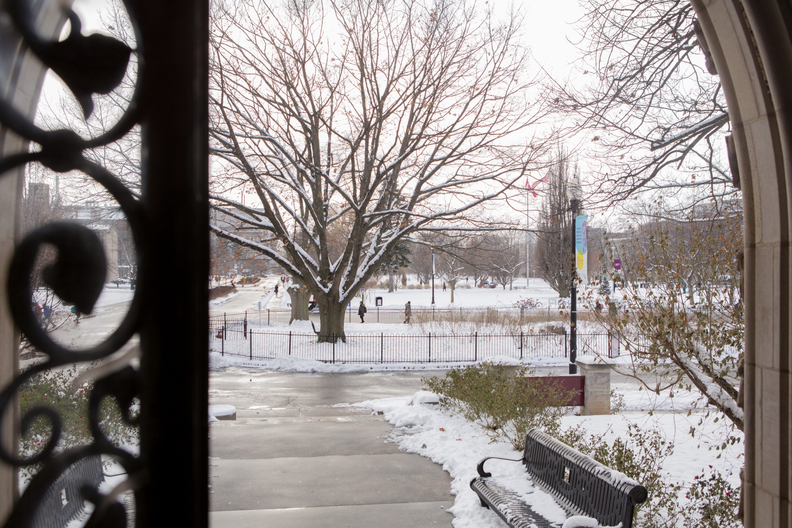 The view of JHE field from the University Hall entrance in the winter.
