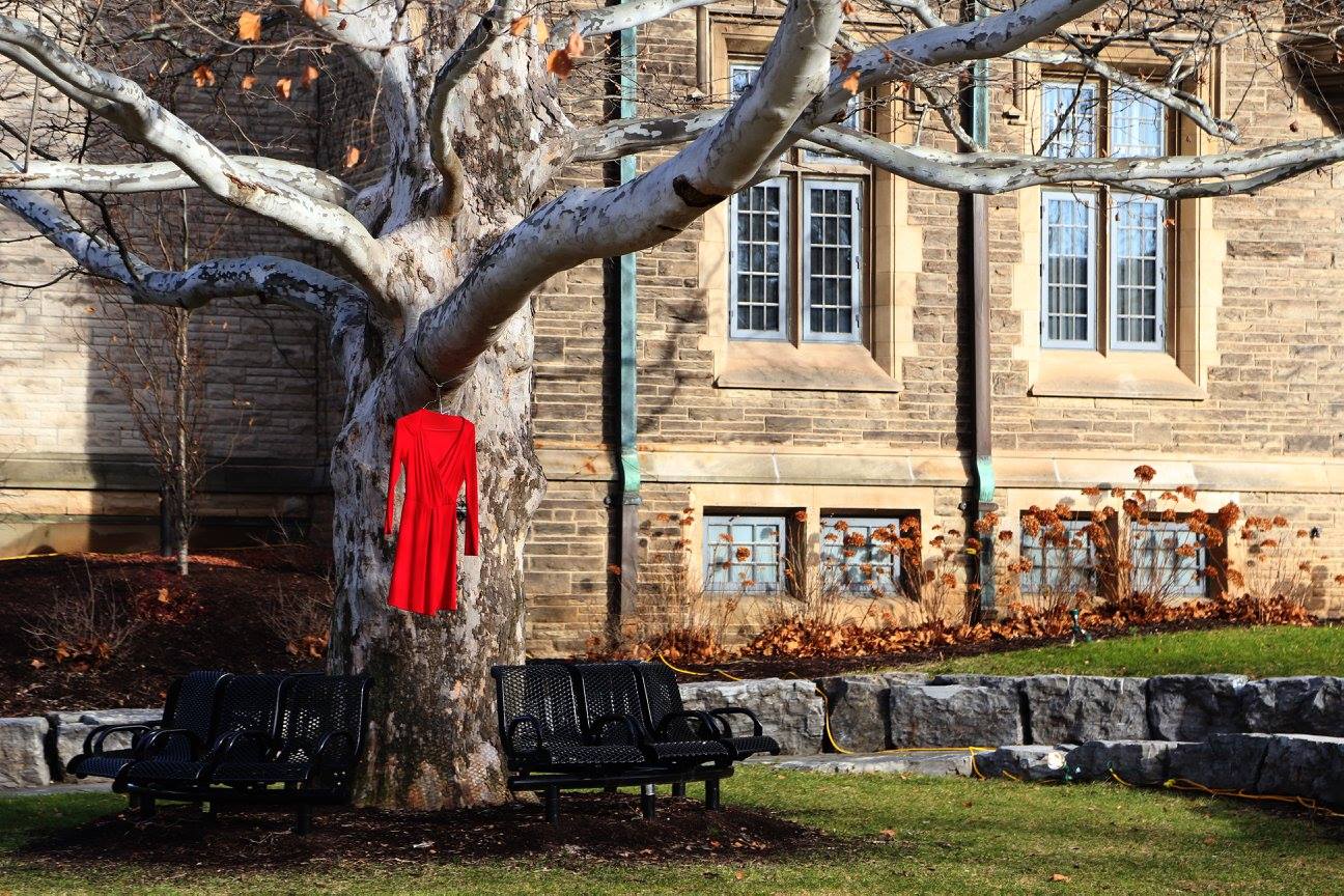 A red dress hanging off a tree on McMaster University's campus, to symbolize missing and murdered Indigenous women.