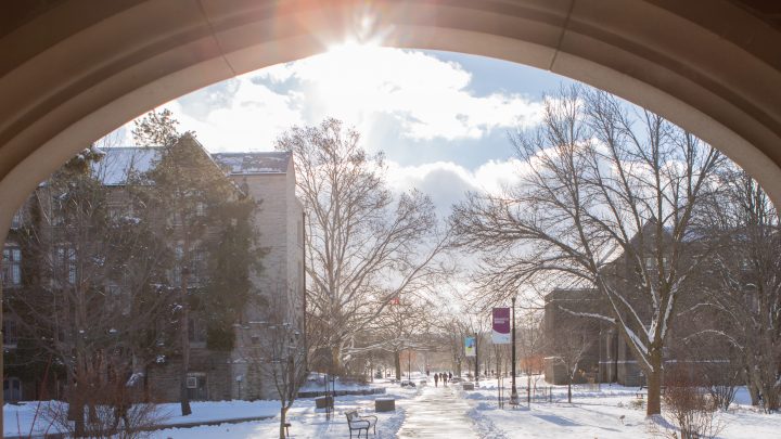 View from Edward's arch of campus in the winter.